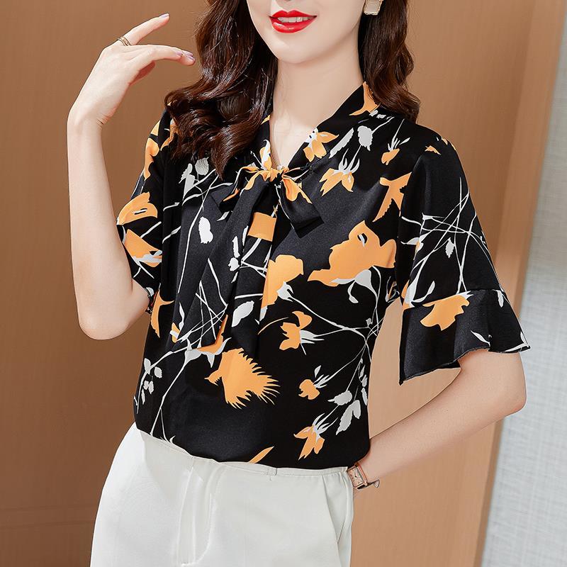 

Commute Stylish Scarf Collar Bow Blouse Summer Floral Printed Ruffles Spliced Loose Short Sleeve Shirt XL чорний