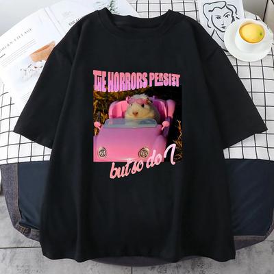 Trauriger Hamster Die Schrecken bleiben bestehen, aber ich auch T-Shirt Rosa Grafikdruck Cartoon T-Shirt Damenbekleidung Weiche Grafikbekleidung Unisex