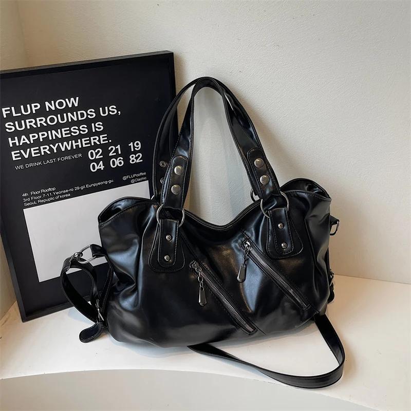 Vintage PU Leather Large Capacity Tote Rivet Zip Pockets Shoulder Cross body Bag Unisex Women Daily Travel Handbag