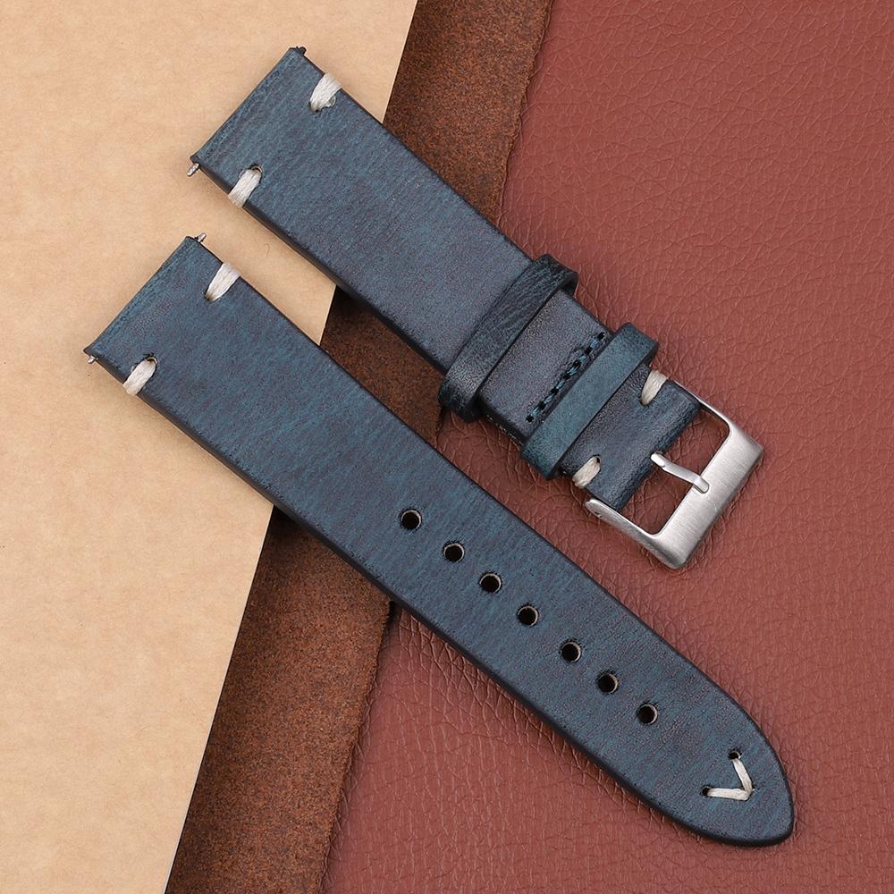 Retro Leather Watch Band 18mm 20mm 22mm 24mm Cowneck Pattern Stainless Steel Pin Buckle Watch Strap Replacement for Men Women