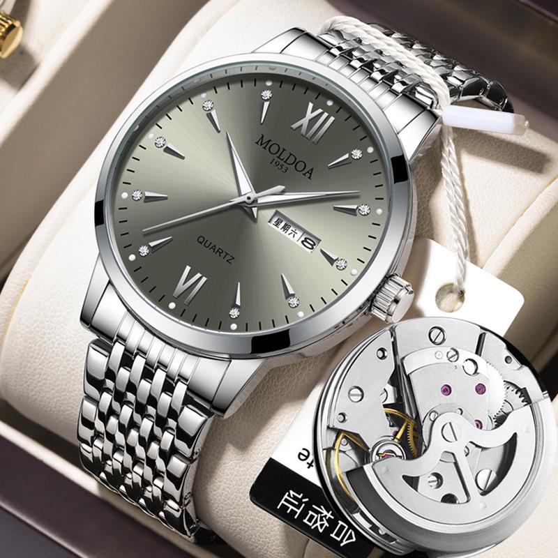 

Мужские водонепроницаемые автоматические часы-скелетоны со стальным браслетом и календарем