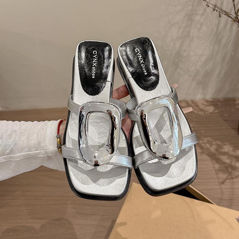 

Fashion 2025 New Wedges Heel Women Slippers Concise Metal Decoration Women Slides Elegant Dress Beach Summers Shoes 40 серебряный