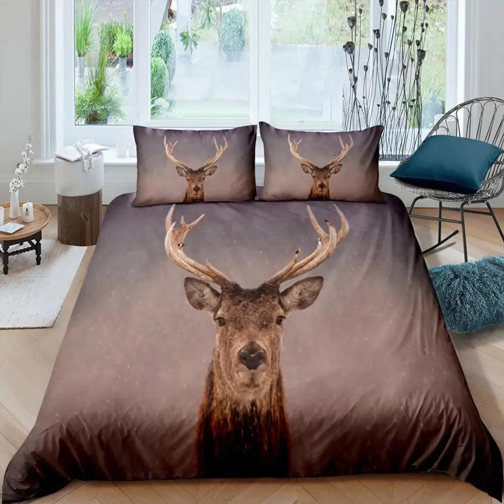 Christmas Deer King Queen Duvet Cover Animal Elk Bedding Set 2/3pcs for Kids Teens Adults Blue Soft Quilt Cover with Pillowcase