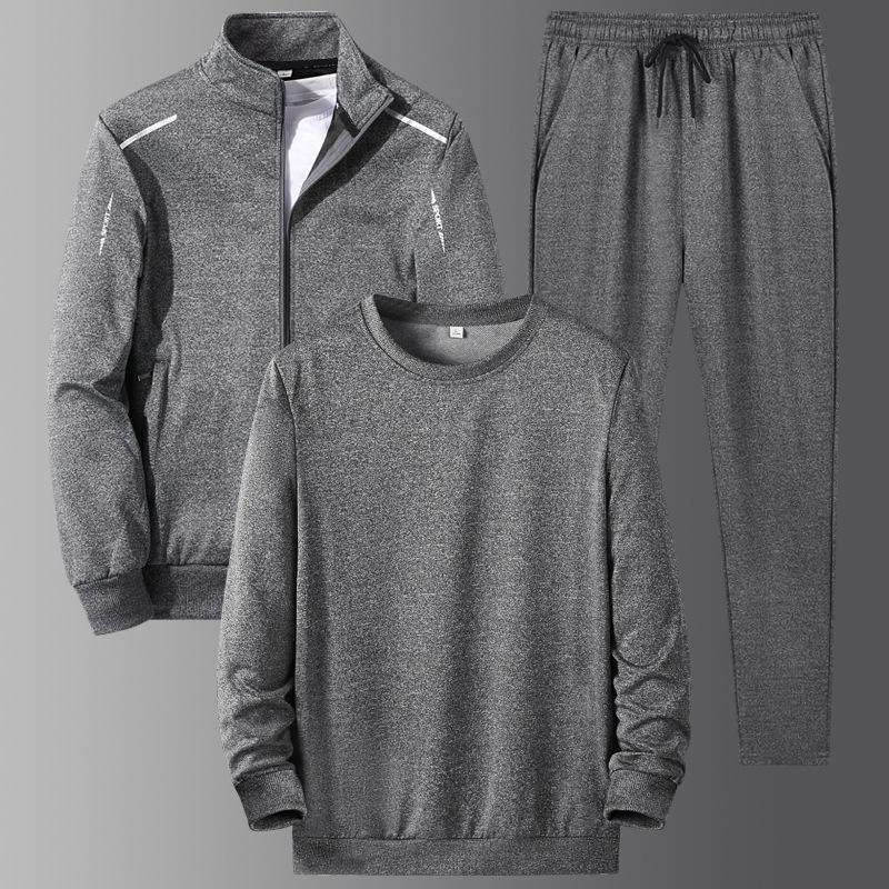 Men's Autumn-Winter Three-Piece Set: Cardigan Hoodie, Loose Sweatpants, Trendy Long-Sleeve Round Neck Top