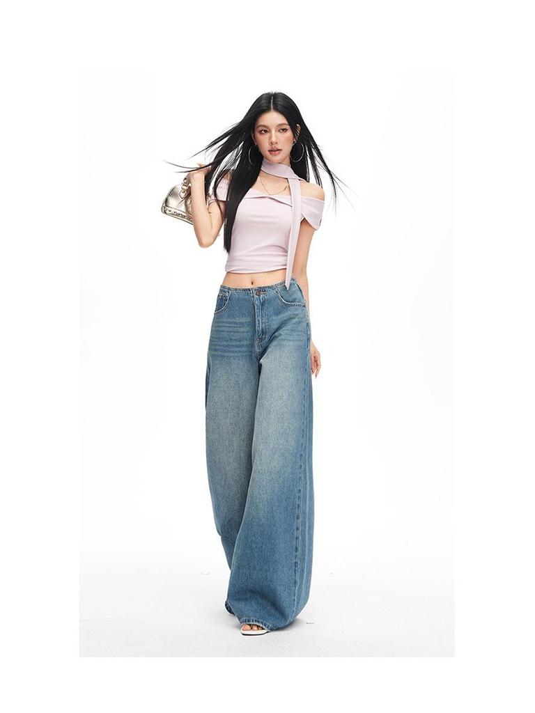 2026 Spring Women's Retro Wide-Leg Jeans: Waistless, Versatile, Loose, Slimming, Floor-Length Pants