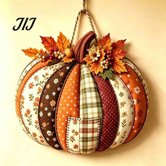 Seasonal Indoor Outdoor Sign Patchwork Pumpkin Wooden Door Hanger, Fall Harvest Halloween Decorative Maple Leaf Wreath with Leaves Berries, Farmhouse