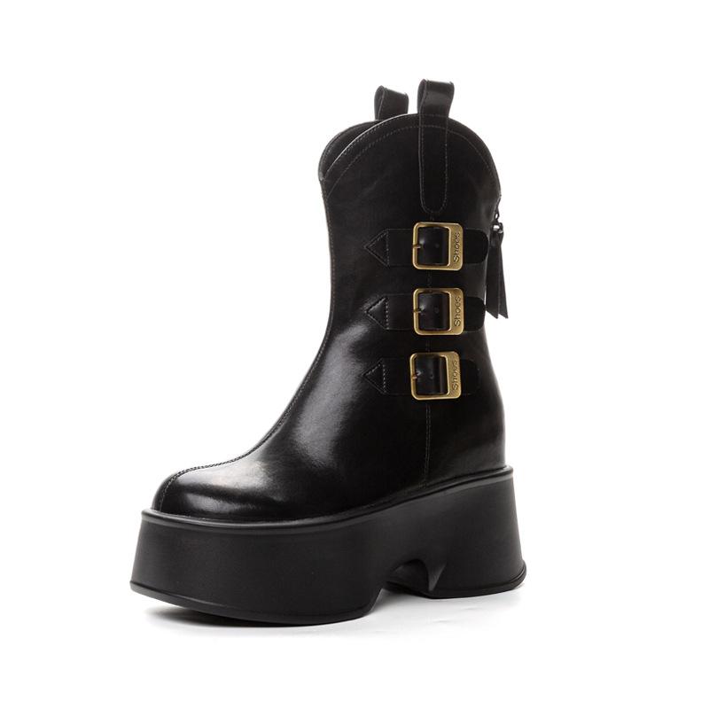 Fashion Women's Boots 2024 Autumn Winter New Mid-tube Western Cowboy Boots Niche Thick Soled Belt Buckle Women's Ankle Boots