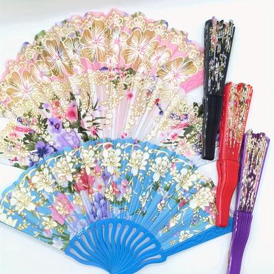 8pcs Golden Powder Folding Cloth Surface Plastic Folding Fan Portable, Various Patterns Randomly Matched