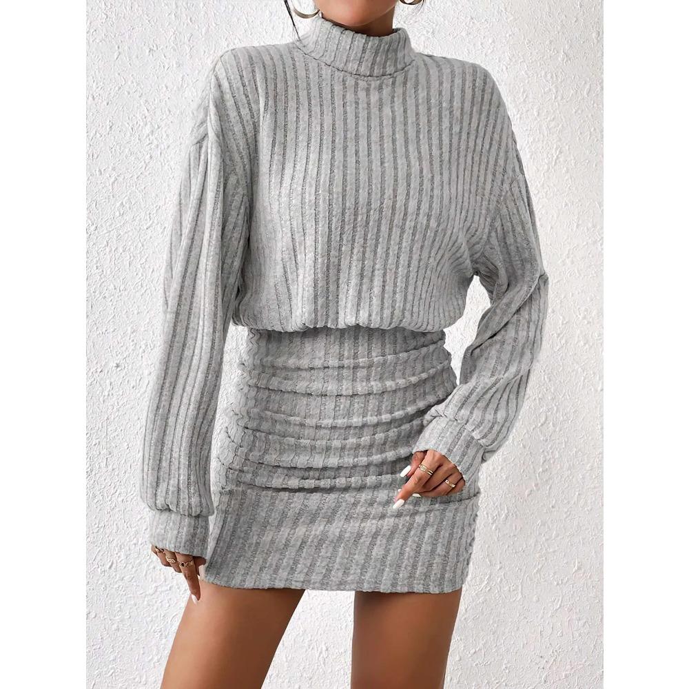 Women's Autumn Winter Fashion High Neck Knitted Sweater Dress Female Casual Solid Loose Long Sleeve Warm Mid Length Dresses