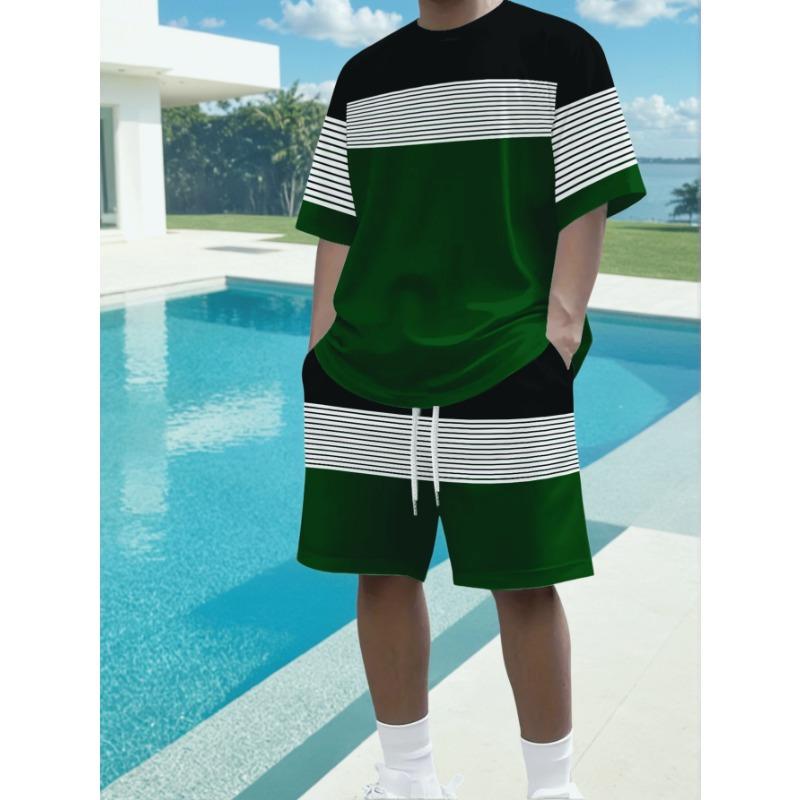 Men s Color Block Stripe Set: Green White Black Graphic Tee with Matching Shorts. Summer Beach Holiday Streetwear for Vacation Travel S зелёный