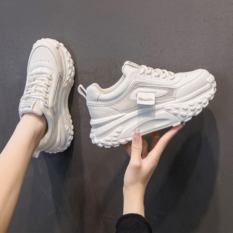 Soft leather thick-soled popular dad shoes women's height increased by 5cm spring and autumn mesh breathable sports casual white shoes