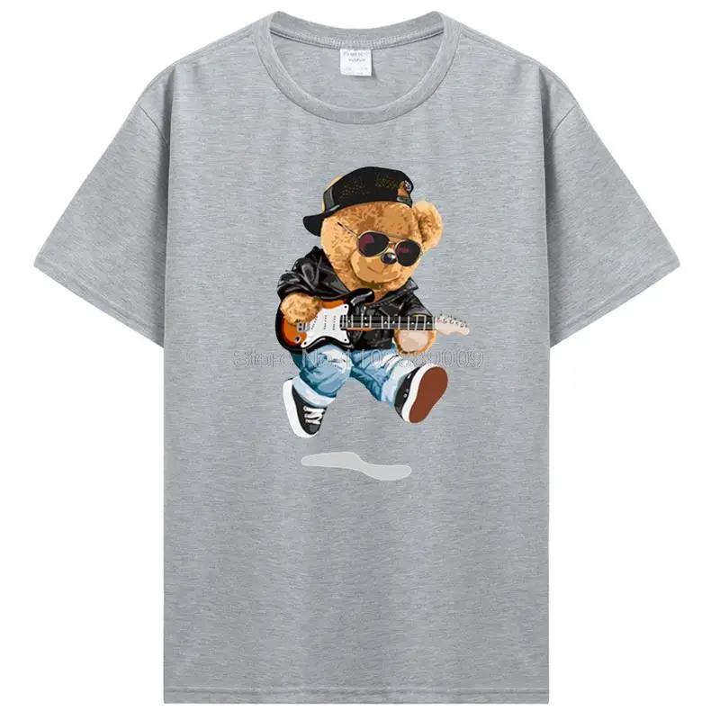 Teddy Bear Playing Badminton T-shirt Cotton Clothing Tops Graphics Kawaii Men Women Short Sleeve Print TShirt Tees Women Men
