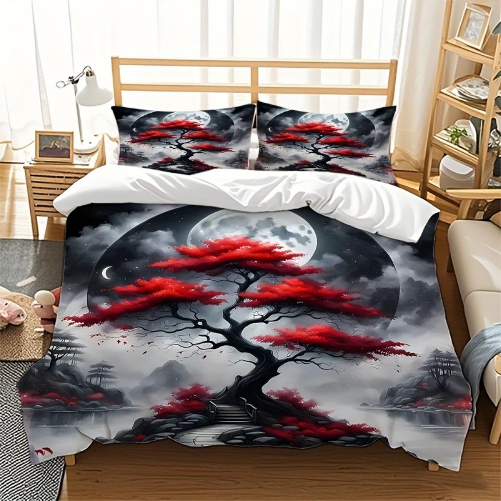 3pcs Chinese Style Bedding Set Misty Scenery Print Cozy Duvet Cover Set King Queen Twin Single Size Birthday Gift Bedroom Decor