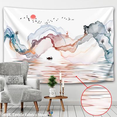 Wandteppich mit chinesischer Tuschmalerei, Landschaftsmalerei, Sonnenaufgang, bunt, böhmisch, schlicht, für Studio, Schlafzimmer, Hintergrunddekoration