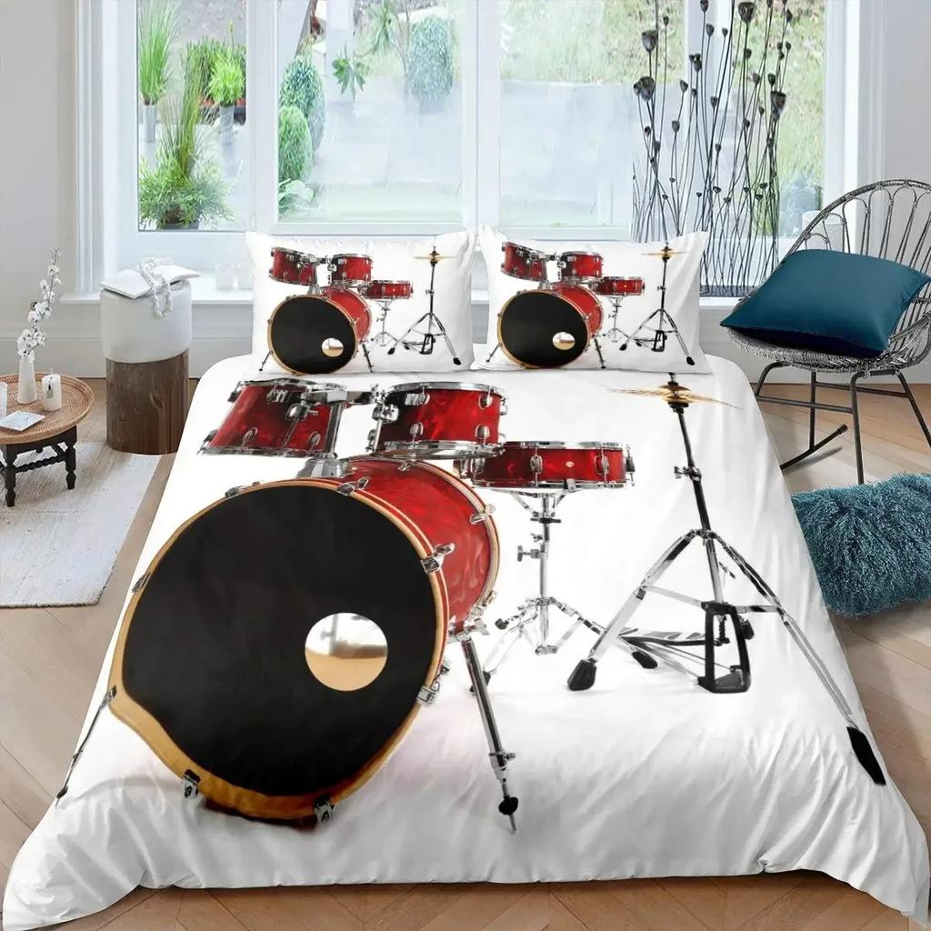 Drum Kit Duvet Cover Set,Hip Hop Bedding Set Queen Size,Rock Music Gold Flame Comforter Cover Musical Instrument Quilt Cover Set