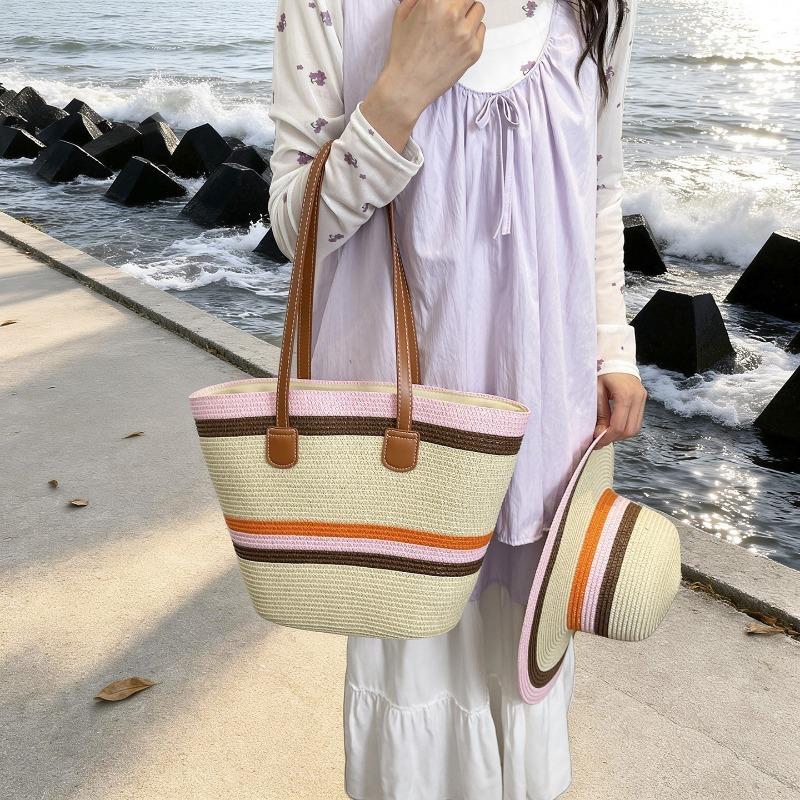 Damen Große Kapazität Gewebte Eimer Tasche Einzelne Schulter Handtasche Farbblock Mode Strandtasche
