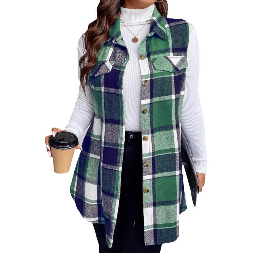 European & American Autumn/Winter Women's Fashion Plaid Sleeveless Turn-Down Collar Vest with Side Pockets