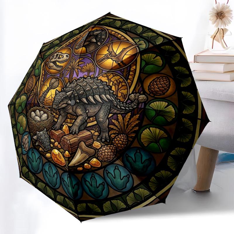 Dinosaur Glass Art Pattern Umbrella, Portable and Foldable Design, 8 Ribs, a Casual Accessory for Halloween, Christmas, and Birthday Gifts.
