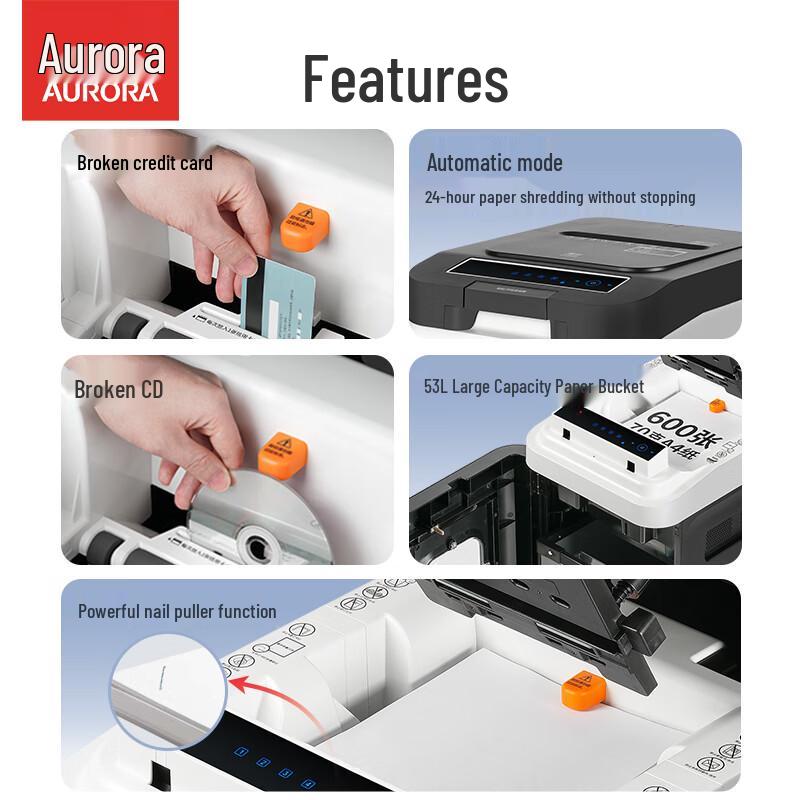 Aurora AS600MQ 600-Sheet Auto-Feed P-5 Micro-Cut Shredder CN Plug (adapter Included)