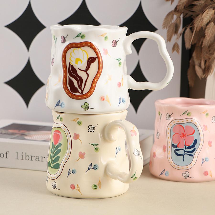 Hand-painted Floral-patterned, Uniquely Shaped Ceramic Mug, 380ml