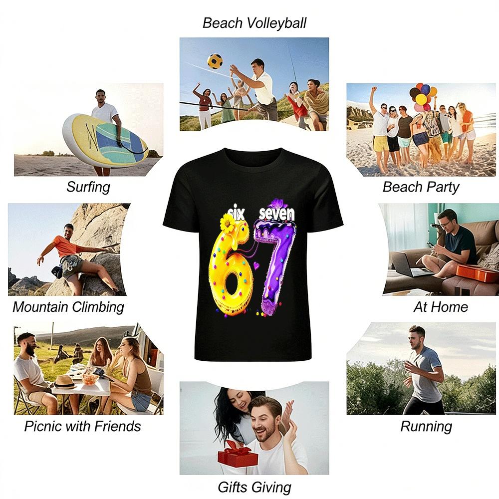 Cute Number 67 Cake Print Casual Short Sleeve Top For Kids Adults Pure Cotton T-shirt