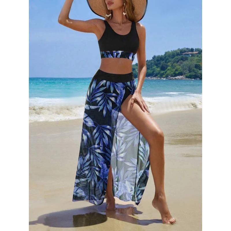 2026 Print Three Pieces Bikini With Vent Long Skirt Swimsuit Women Swimwear Female Bather Bathing Swimming Swim Suit Beachwear