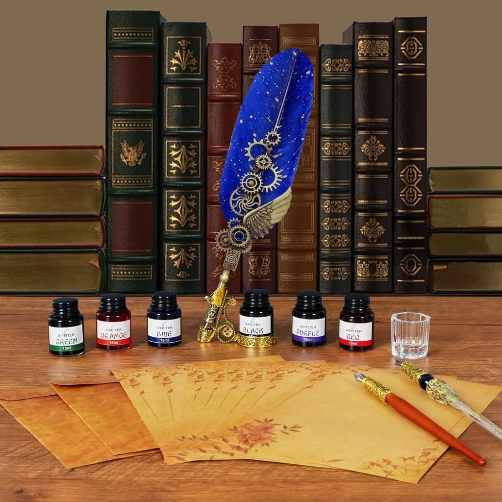 Quill Pen Ink Set-Feather Calligraphy Pen and Ink Set,Includes 6 Bottles of Ink,Quill Pen,Glass Dipping Pen,Wooden Dipping Pen,17 nibs,8 Sheets of