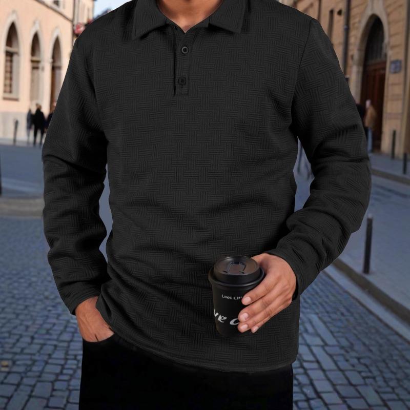 Men S Long Sleeve Turn Down Collar Polo Shirt Solid Jacquard Casual Business Top