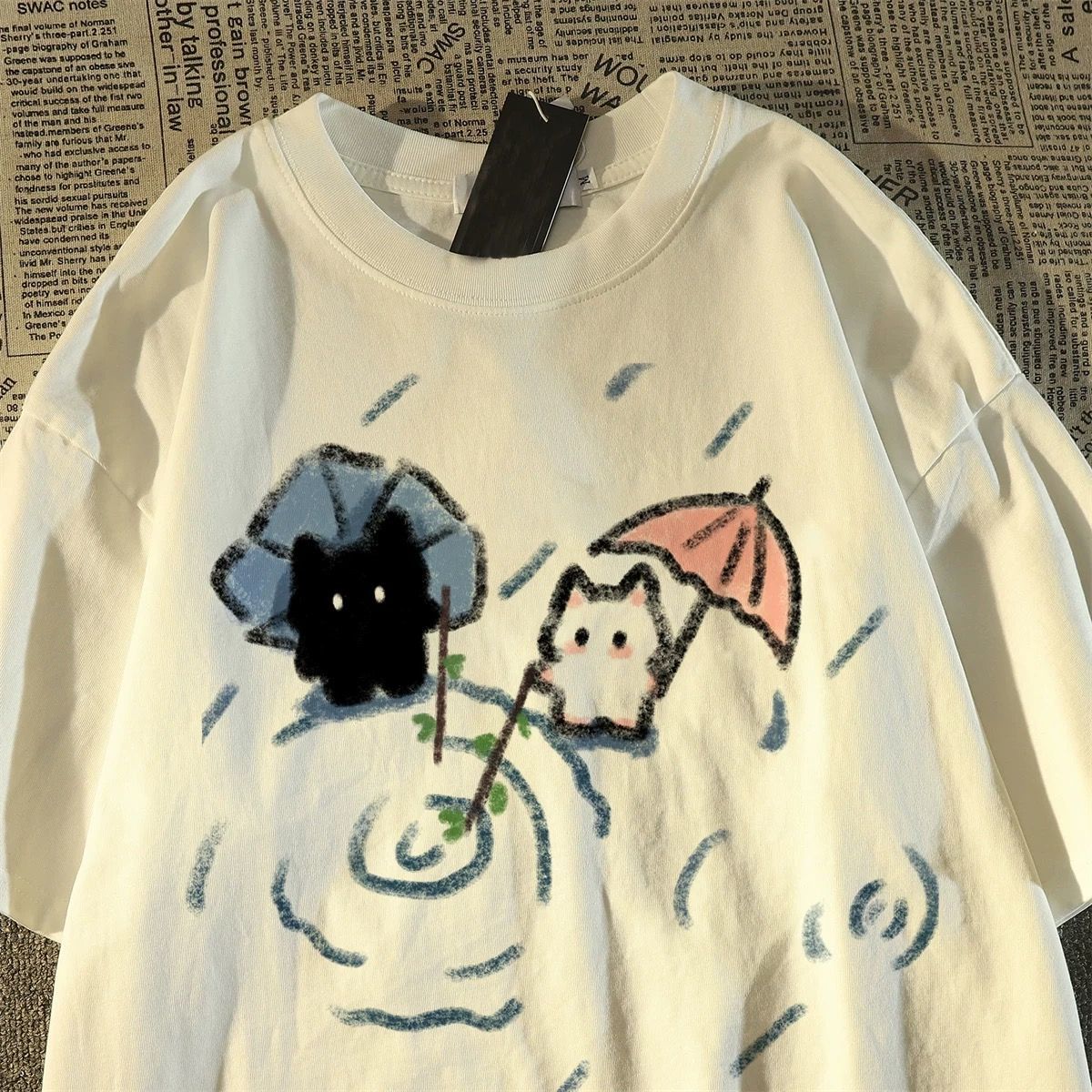 Short-sleeved T-shirt with A Cute Black and White Japanese Cat Pattern A Summer Short-sleeved Top.women Clothing Graphic Tshirts S