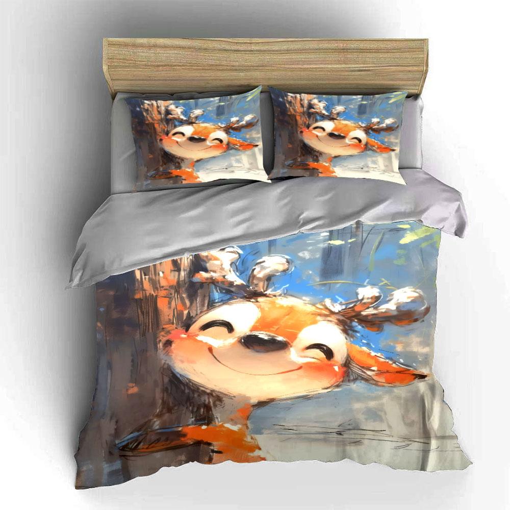 Cute Deer Decor Trio Set Soft Comfortable Duvet Cover Bedding Set Included 1*Duvet Cover & 2*Pillowcases, Gift