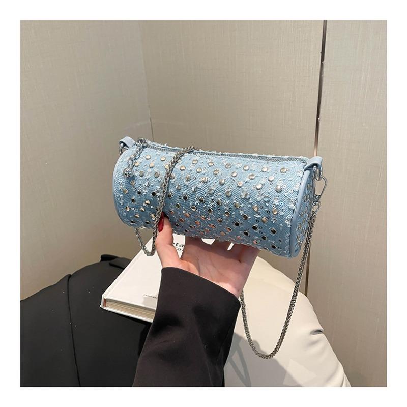 

Модный тренд сумка-цилиндр на цепочке женская новая летняя высококлассная универсальная сумка через плечо с заклепками светло-синий