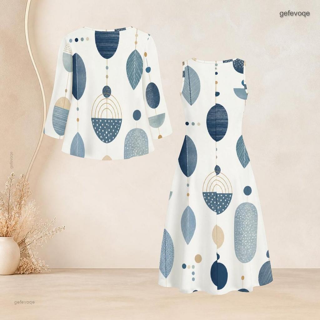 Women Plus Size Abstract Printed Two Piece Dress Set Three Quarter Sleeve Cardigan Sleeveless Long Dress