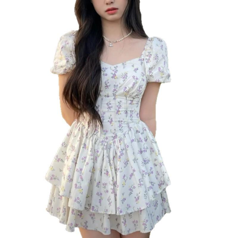 Waist one-word neck bubble sleeves fluffy princess dress summer new Zhizhi grape gentle girl floral dress