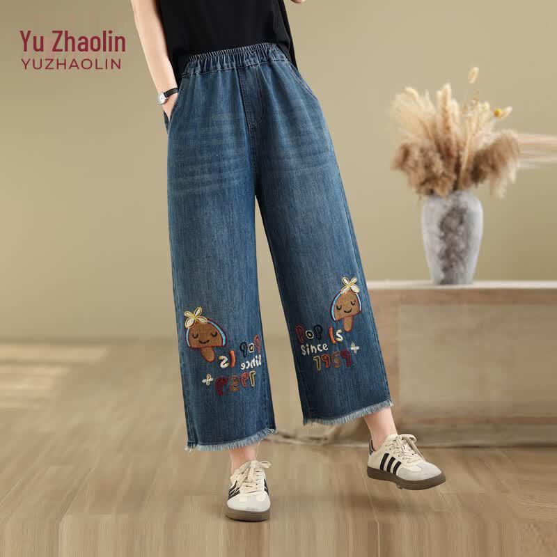 YUZHAOLIN Women s Ethnic Retro Loose Wide-Leg Cropped Jeans L