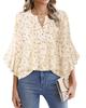 Women's Three Quarter Sleeve Blouse V Neck Business Casual Solid Color Chiffon Shirt Ruffle Hem Loose Fit Office Daily Wear Top