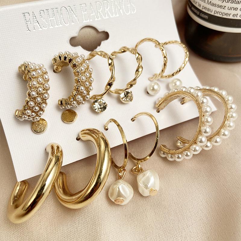 9Pairs/Set Bohemia Geometric Hoop Earring Set Vintage Boho Chain Pearl Earrings Women Star Heart Zircon Ear Studs Jewelry