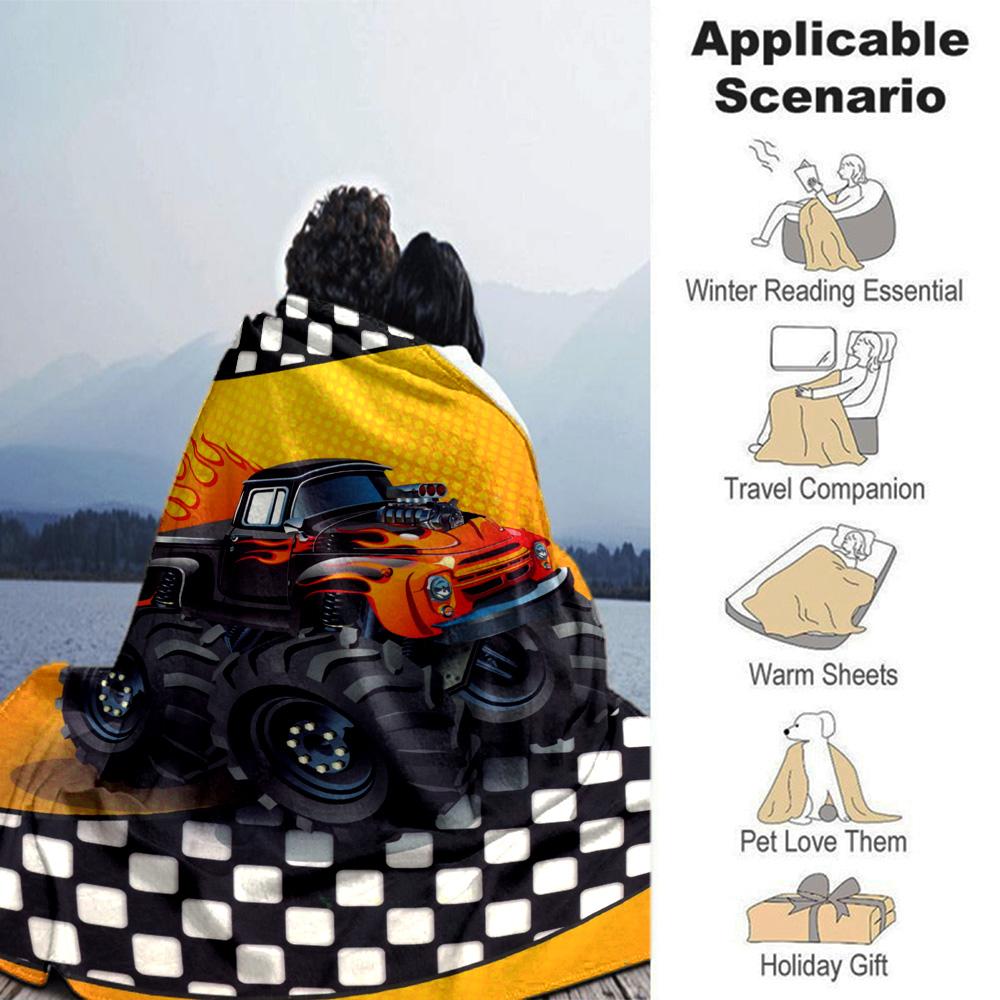 Monster Truck Adventure Flannel Blanket Super Soft Warm Cozy Blanket For Sofa Bed Office Travel Allseason Home Decor Gift