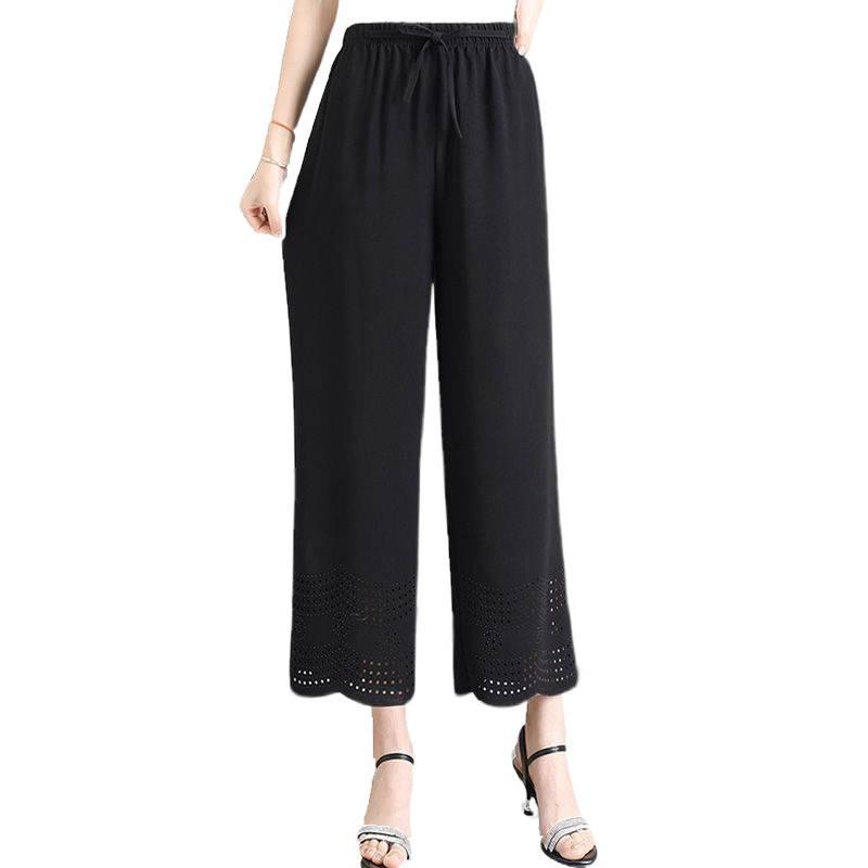 Summer Chiffon Wide-Leg Pants for Middle-Aged Women - Plus Size, Lightweight Nine-Point Style