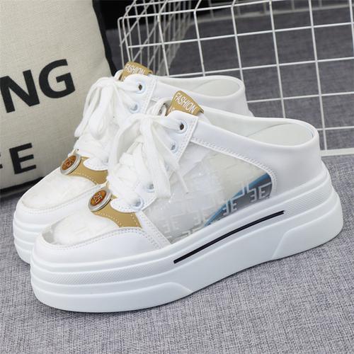 fashion Women Half Shoes Sneaker 2024 Summer Leather 8CM High Heels Slippers Casual Lace Up Woman Sneakers Shoes Fashion Summer Slippers