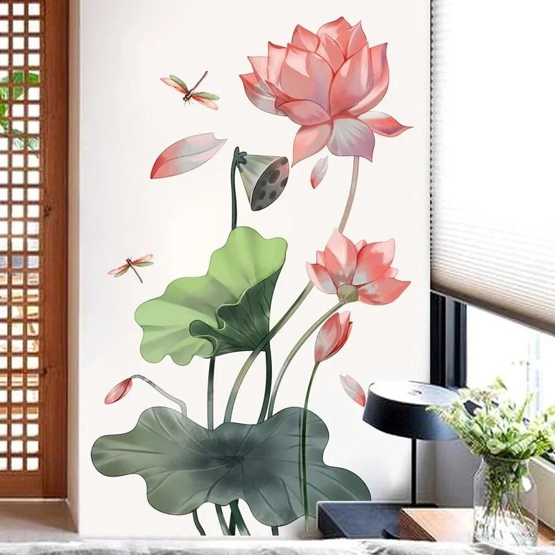 Removable Art Sticker Creative Bedroom Decorative Wallpaper Lotus Dragonfly Wall Sticker Living Room Wall Background Home Decor