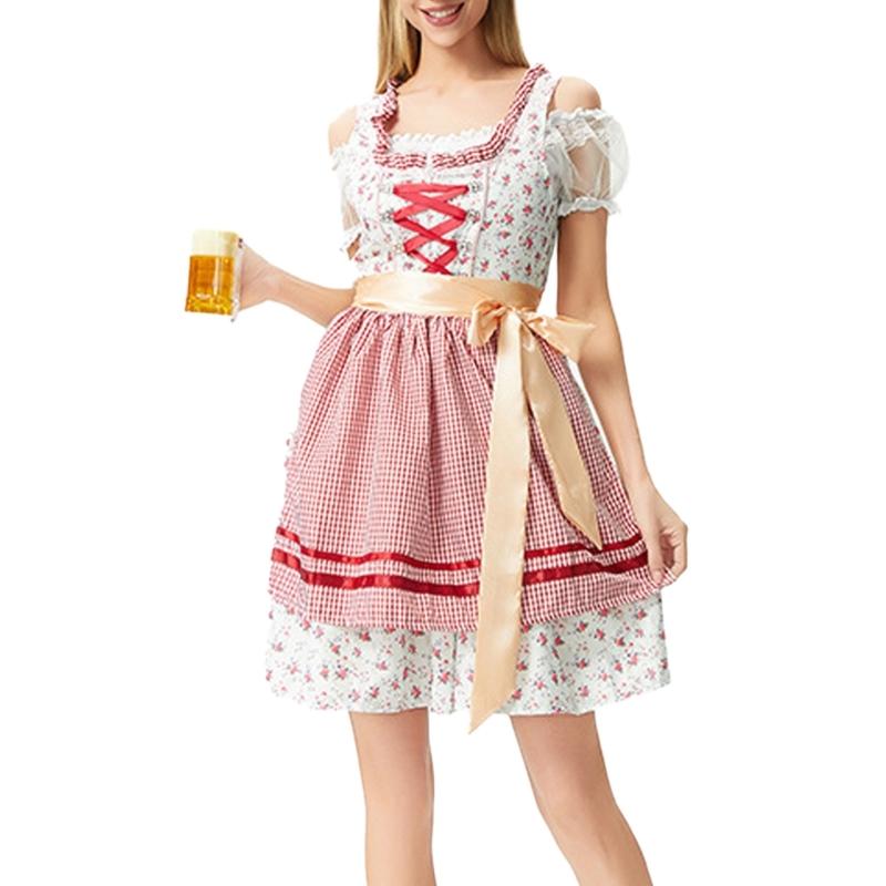 German Bavarian Oktoberfest Costume Set,Halloween Beer Costume Dirndl Dresses Blouse Apron Bows Ribbon for Adult Women