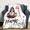 Girl Reading Books With Flowers And Butterflies Gift Customizable Blanket Personalized Text Durable Comfort Throw For Sofa Couch Office Bed Picnics