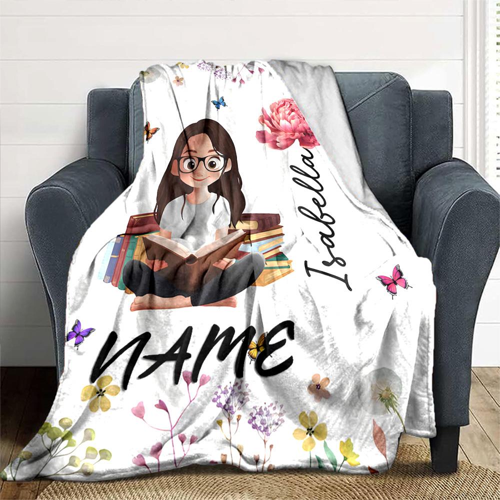 Girl Reading Books With Flowers And Butterflies Gift Customizable Blanket Personalized Text Durable Comfort Throw For Sofa Couch Office Bed Picnics