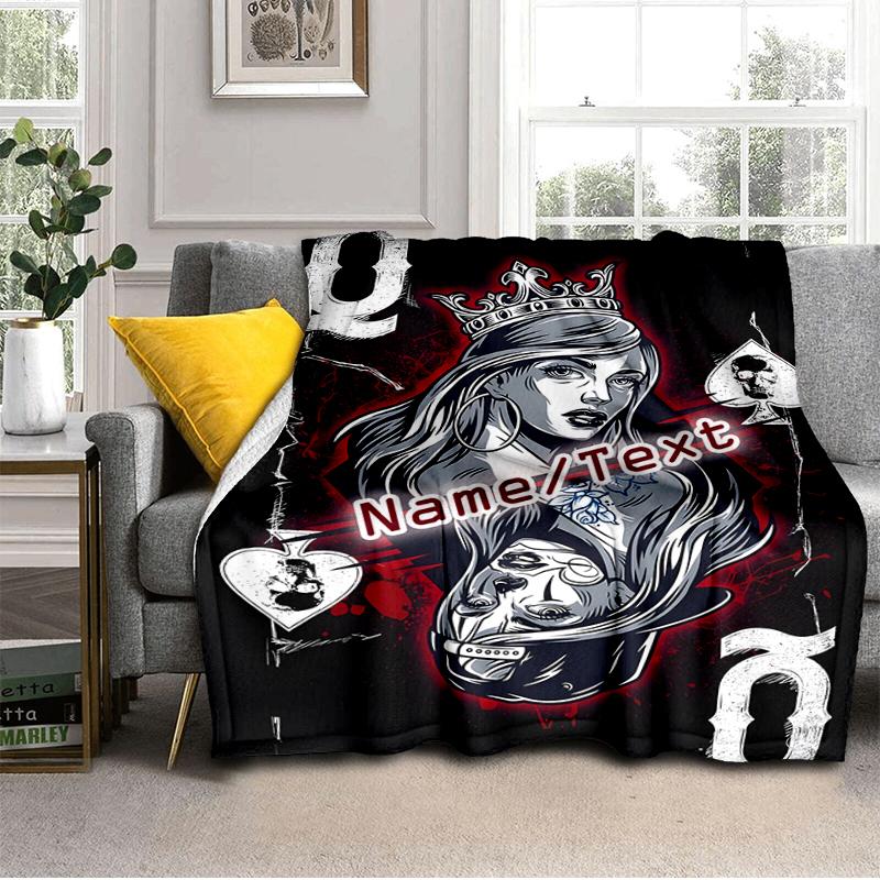 1PC Custom Name Queen Hearts Art Outdooor Flannel Blankets Throw Blanket All-Season Throw Gift Bedspread for Couch, Bed, Camping Holiday Birthday Gift