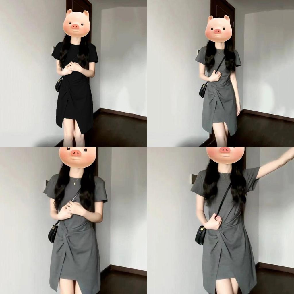 Classic French Style Grey Knit Short Sleeve Dress For Business Casual Women