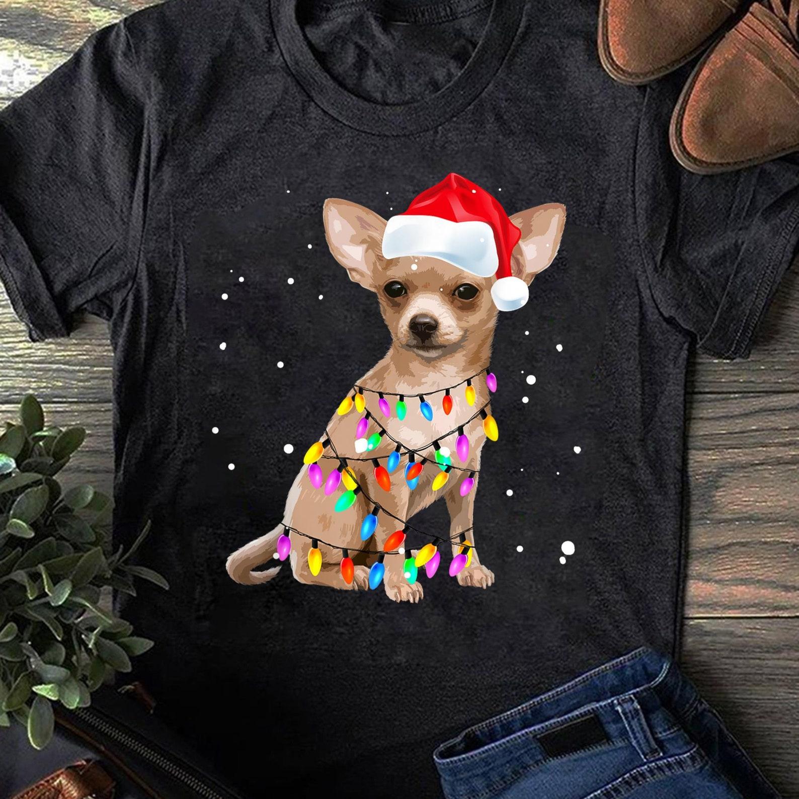 Christmas Chihuahua Lights Shirt: Funny Dog Santa Hat Tee M