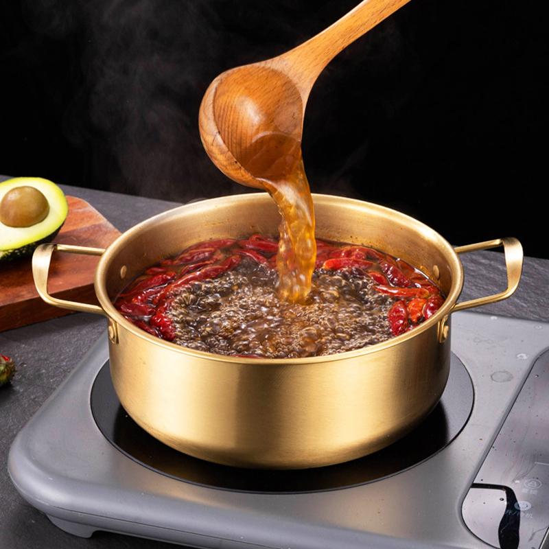 Korean Style Ramen Pot Stainless Steel With Lid Soup Pot Gold Plated Double Ear Hot Pot Camping Cookware