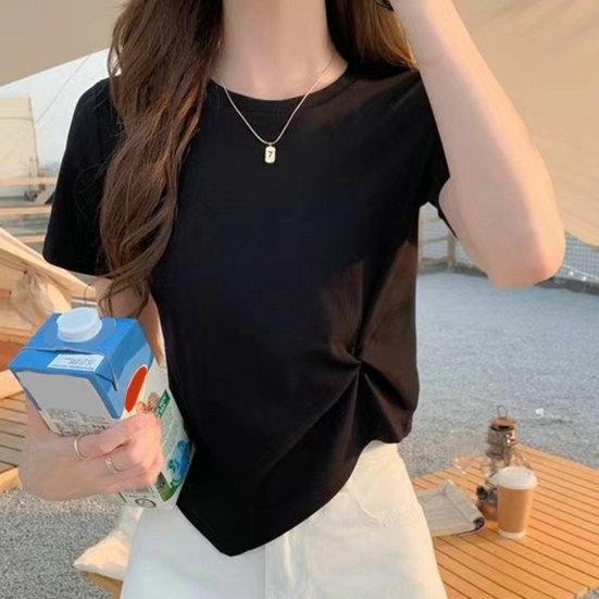 Frauen T-shirt Unregelmäßigen Saum Einfarbig Knoten Dekor Rundhals