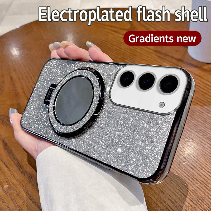 S24 Cute Mirror Glitter Silicone Case For Samsung Galaxy S24 Plus S24 Ultra Magnetic Bracket Simple Shockproof Back Cover S24 FE
