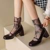 Mrs. Daisy~! New Square Head French Patent Leather One-word Buckle Thick Heel Mary Jane Shoes Girls High Heel Single Shoes